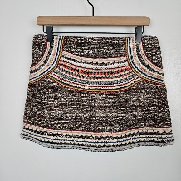 Zara Woman Tweed Woven Boho Mini Skirt Sz L Black Ivory Rust Rose - Picture 6 of 10